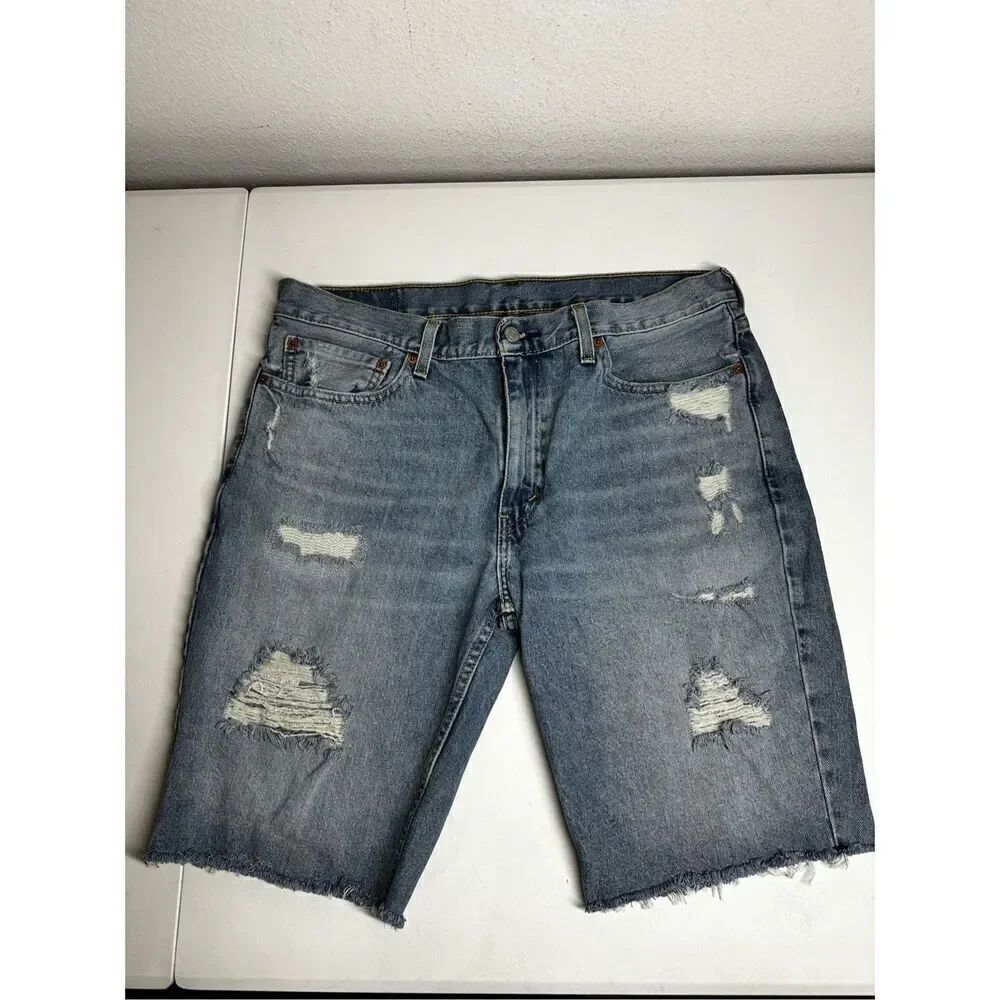 Levis 511 Jean Shorts Blue Light Wash Denim Distressed Ripped Holes Mens Size 36